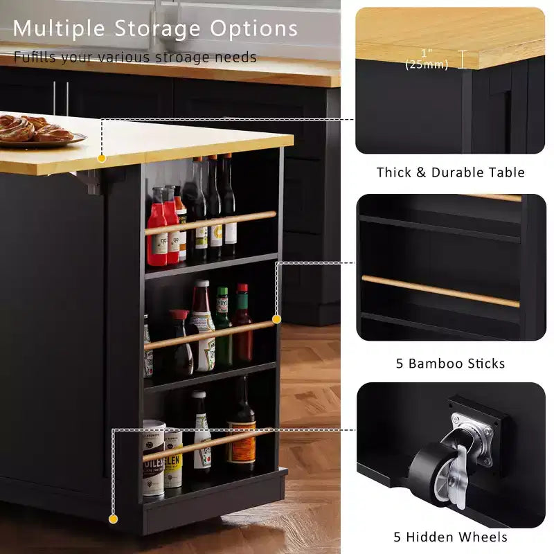 Îlot de cuisine, Chariot roulant avec prise électrique, Extension rabattable, 5 roues, 3 tiroirs, porte et étagère de rangement intérieure pour salle à manger