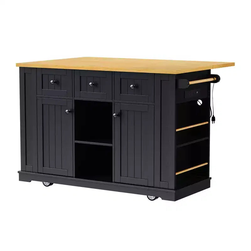 Kitchen Island, Rolling Cart with Power Outlet, Drop Extension, 5 Wheels, 3 Drawers, Door, and Internal Storage Rack for Dining Room