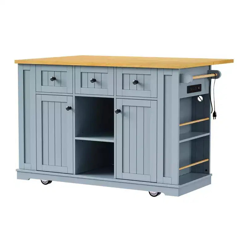 Îlot de cuisine, Chariot roulant avec prise électrique, Extension rabattable, 5 roues, 3 tiroirs, porte et étagère de rangement intérieure pour salle à manger