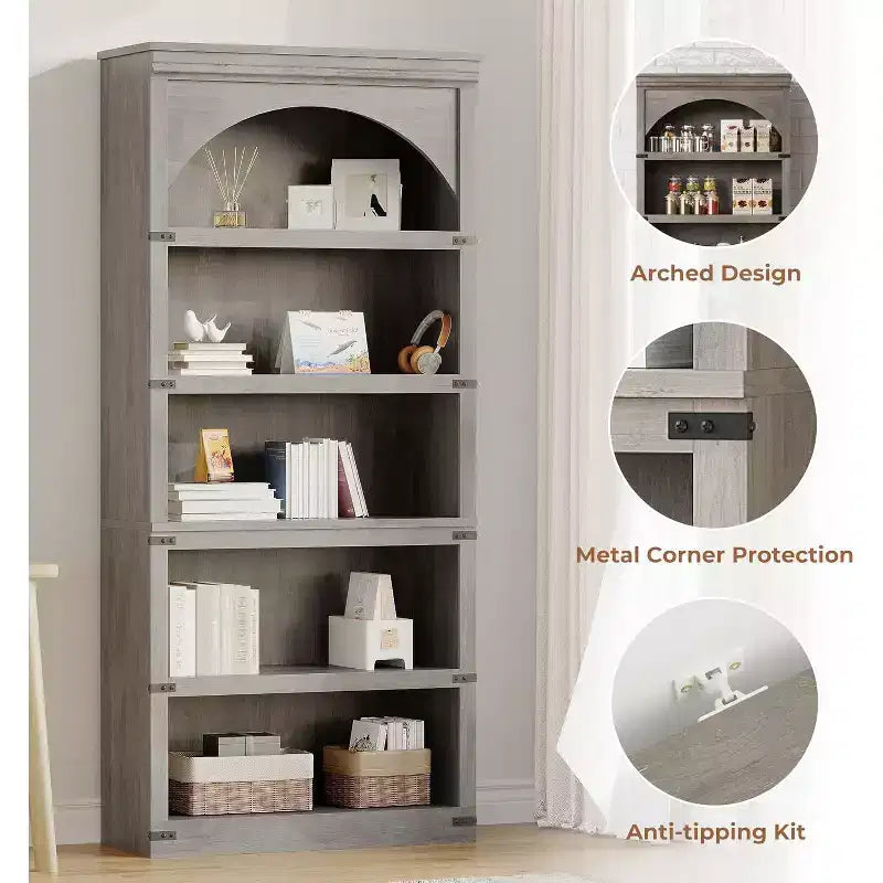 Étagère à 5 niveaux arquée, Bibliothèque rustique en bois de style ferme avec coins métalliques, pour Salon