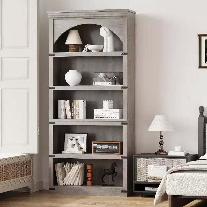 Étagère à 5 niveaux arquée, Bibliothèque rustique en bois de style ferme avec coins métalliques, pour Salon