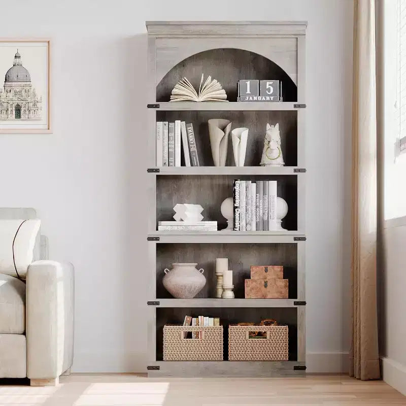 Étagère à 5 niveaux arquée, Bibliothèque rustique en bois de style ferme avec coins métalliques, pour Salon
