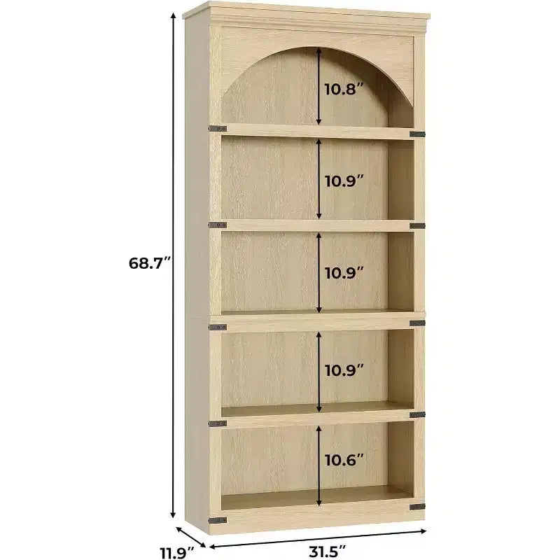 Étagère à 5 niveaux arquée, Bibliothèque rustique en bois de style ferme avec coins métalliques, pour Salon