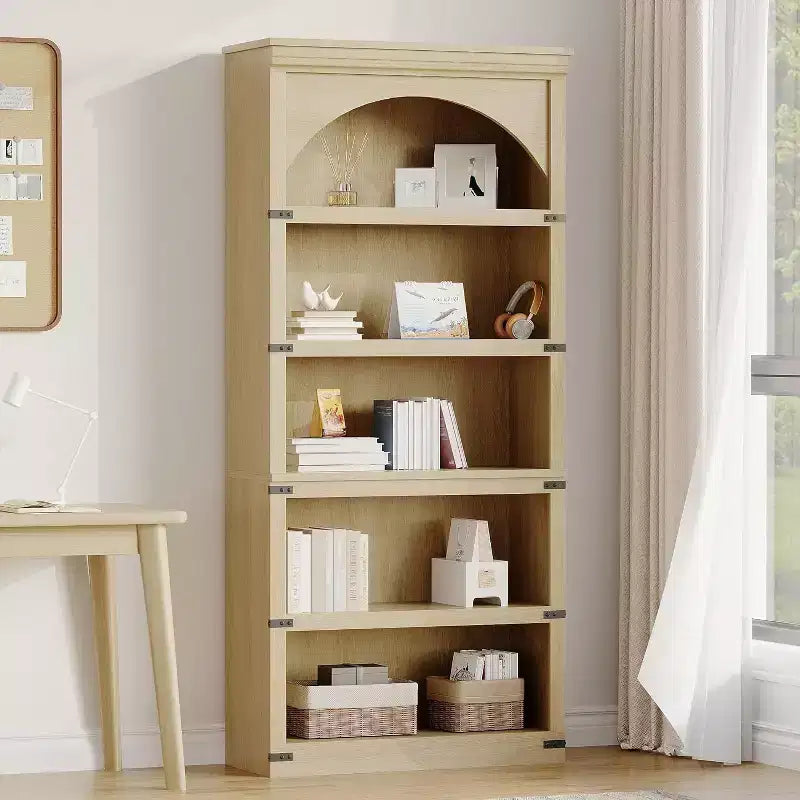 Étagère à 5 niveaux arquée, Bibliothèque rustique en bois de style ferme avec coins métalliques, pour Salon