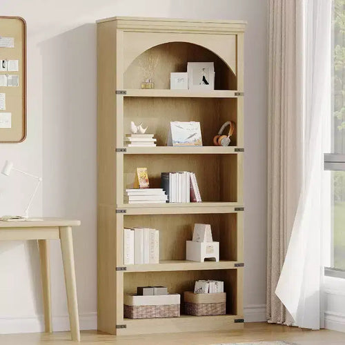 Étagère à 5 niveaux arquée, Bibliothèque rustique en bois de style ferme avec coins métalliques, pour Salon