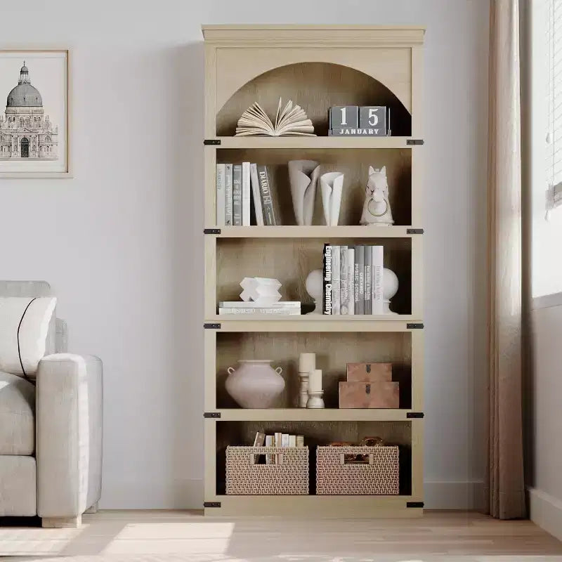 Étagère à 5 niveaux arquée, Bibliothèque rustique en bois de style ferme avec coins métalliques, pour Salon