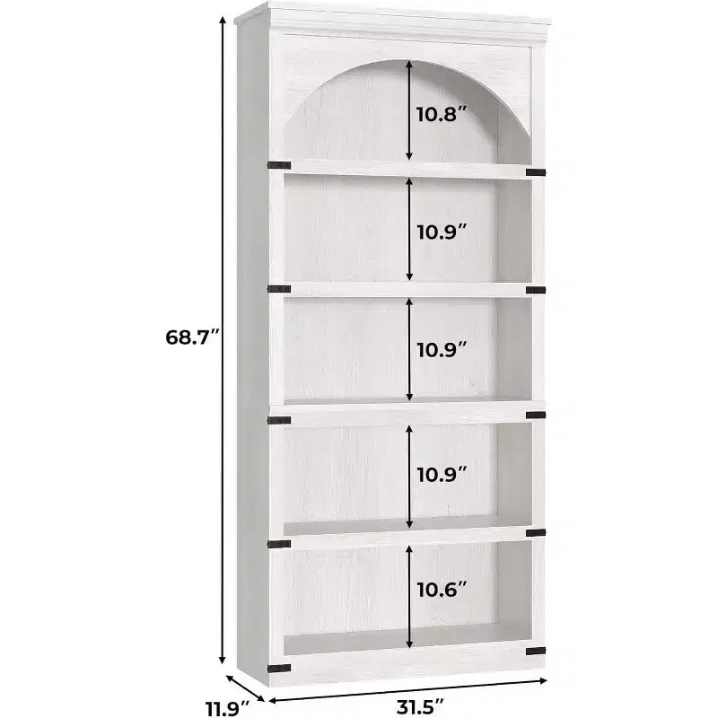 Étagère à 5 niveaux arquée, Bibliothèque rustique en bois de style ferme avec coins métalliques, pour Salon