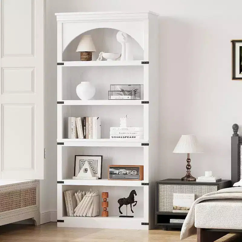 Étagère à 5 niveaux arquée, Bibliothèque rustique en bois de style ferme avec coins métalliques, pour Salon