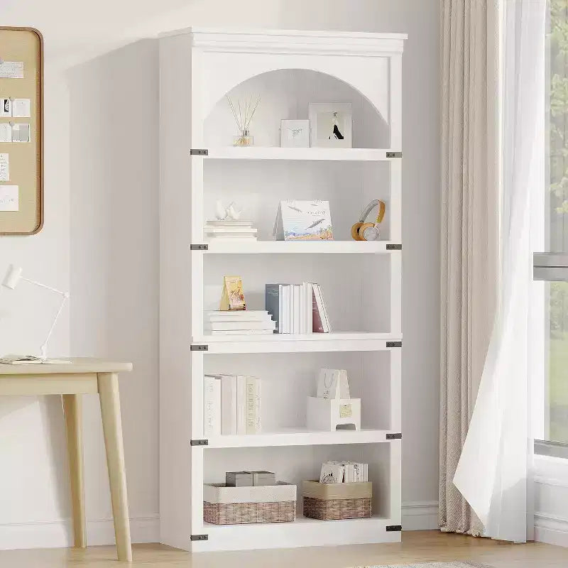 Étagère à 5 niveaux arquée, Bibliothèque rustique en bois de style ferme avec coins métalliques, pour Salon
