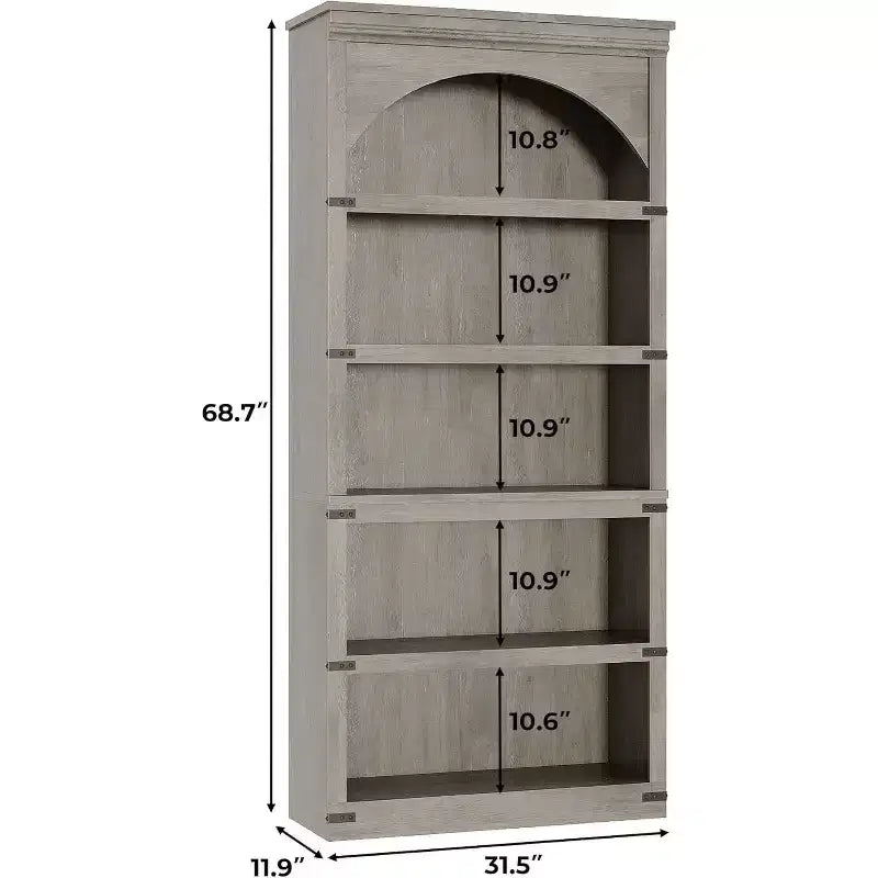 Étagère à 5 niveaux arquée, Bibliothèque rustique en bois de style ferme avec coins métalliques, pour Salon