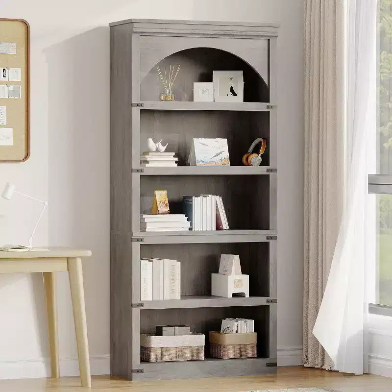 Étagère à 5 niveaux arquée, Bibliothèque rustique en bois de style ferme avec coins métalliques, pour Salon