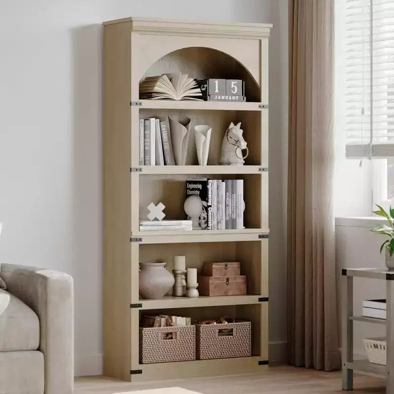 Étagère à 5 niveaux arquée, Bibliothèque rustique en bois de style ferme avec coins métalliques, pour Salon