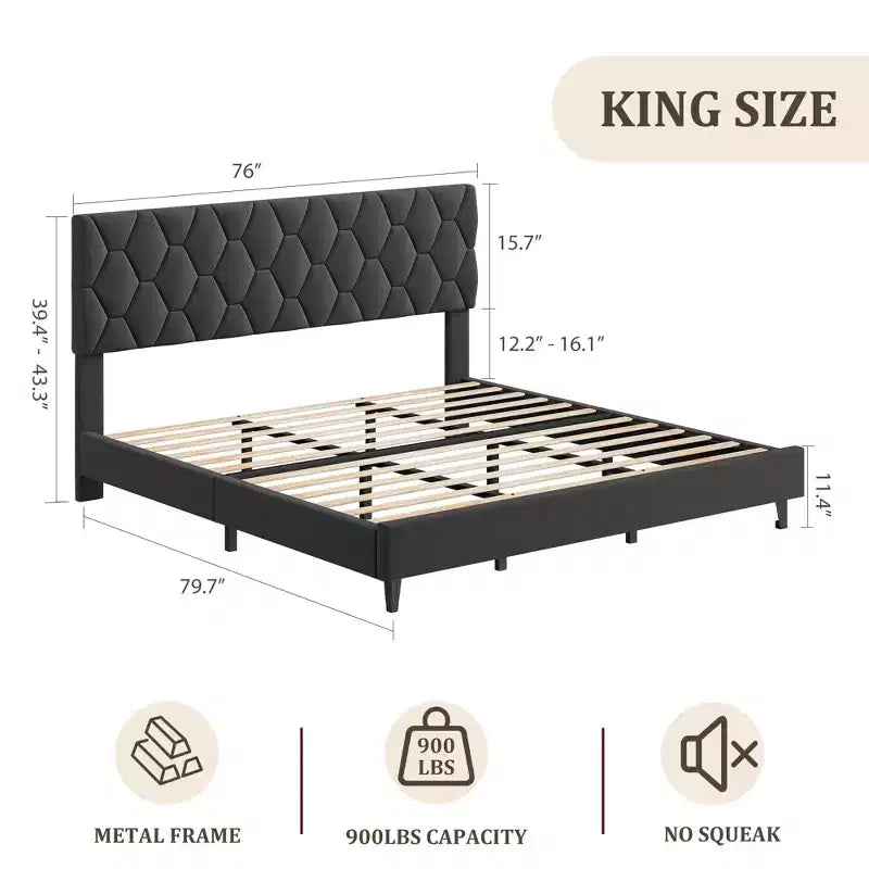 Cadre de lit plateforme King Size avec tête de lit rembourrée, support à lattes en bois, pas besoin de sommier.