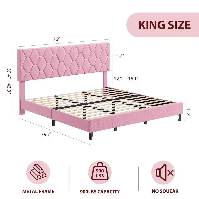 Cadre de lit plateforme King Size avec tête de lit rembourrée, support à lattes en bois, pas besoin de sommier.