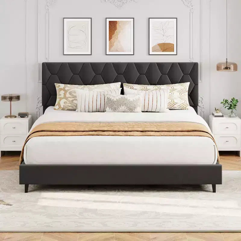 COZONY King Size Platform Bed Frame with Upholstered Headboard, Wooden Slats Support, No Box Spring Needed