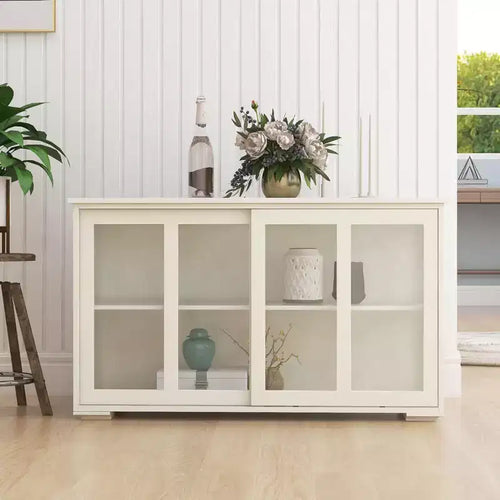 JVNOXK 42-inch glass-door kitchen storage cabinet featuring two sliding glass doors, two side ventilation grilles, and one adjustable shelf. White