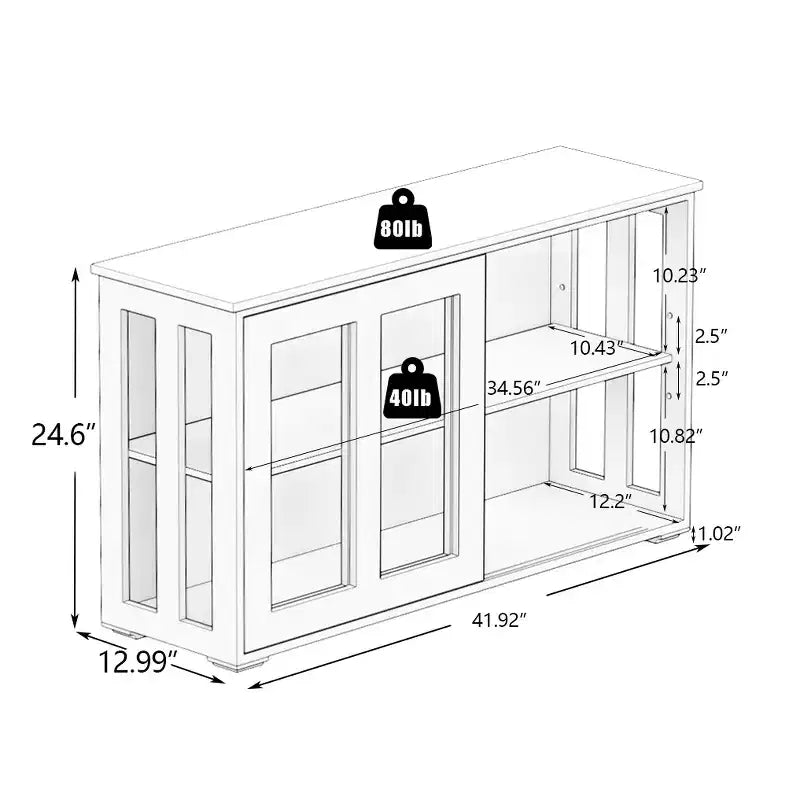 Meuble de rangement de cuisine blanc de 106,7 cm avec portes vitrées, comprenant deux portes coulissantes en verre, deux grilles d'aération latérales et une étagère réglable.