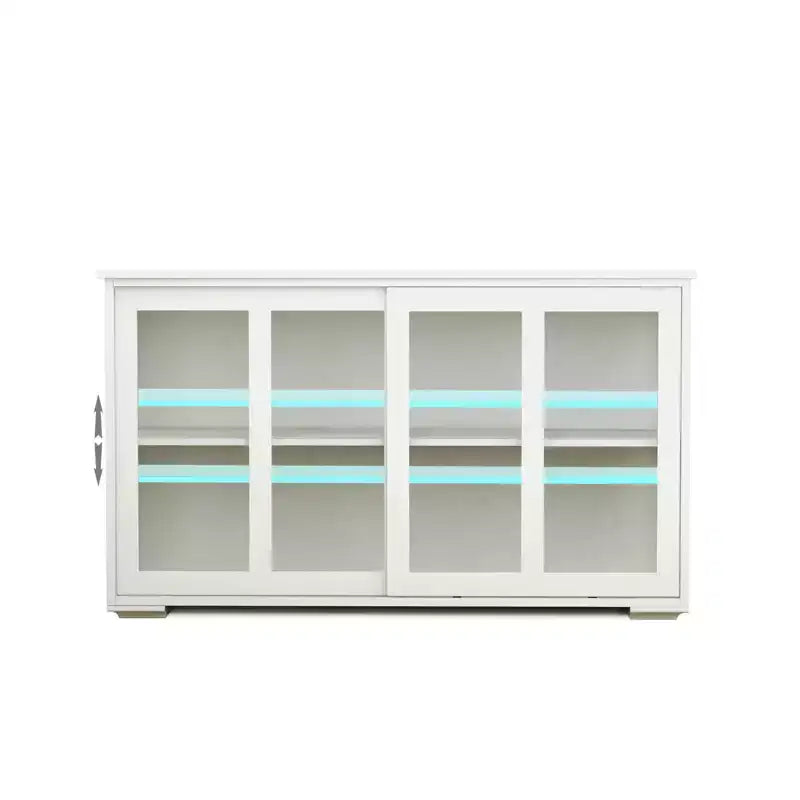 Meuble de rangement de cuisine blanc de 106,7 cm avec portes vitrées, comprenant deux portes coulissantes en verre, deux grilles d'aération latérales et une étagère réglable.