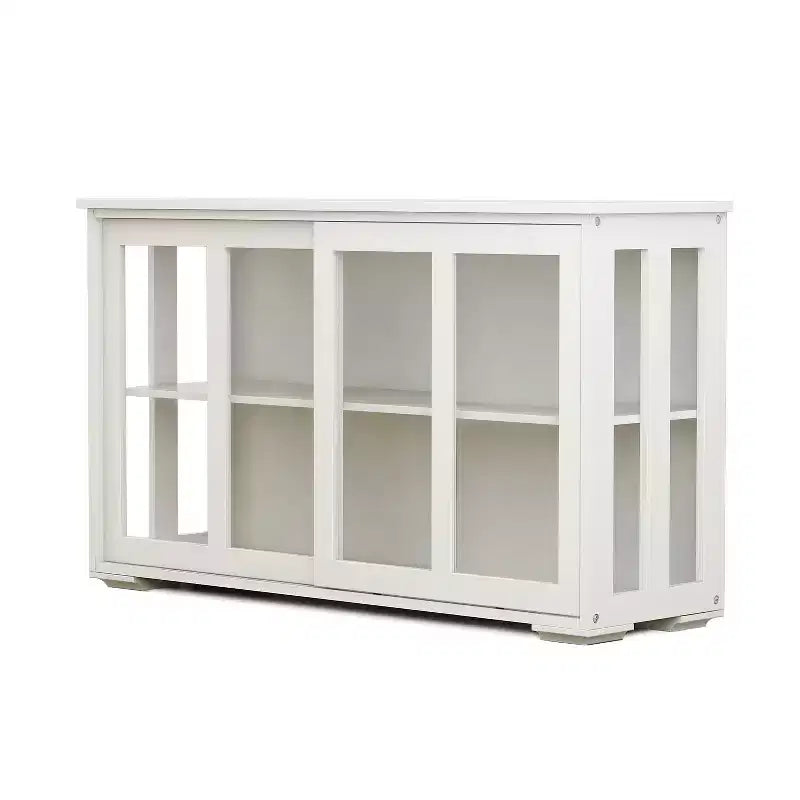 Meuble de rangement de cuisine blanc de 106,7 cm avec portes vitrées, comprenant deux portes coulissantes en verre, deux grilles d'aération latérales et une étagère réglable.