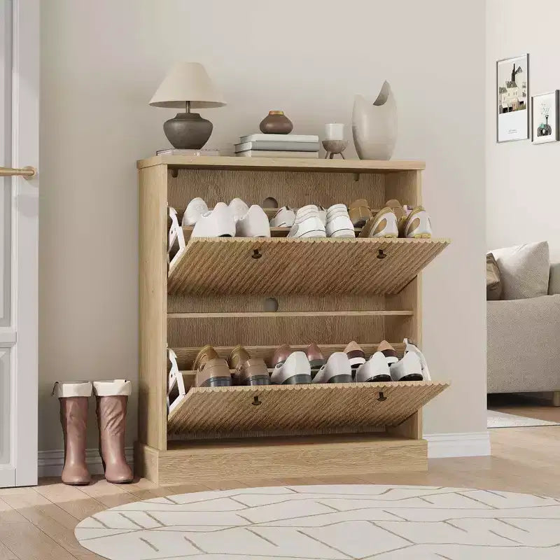 Meuble à chaussures avec 2 tiroirs basculants, meuble à chaussures en bois cannelé dissimulé avec étagère réglable, meuble de rangement à chaussures autoportant pour entrée ou couloir