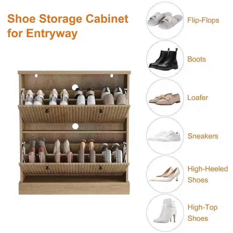 Meuble à chaussures avec 2 tiroirs basculants, meuble à chaussures en bois cannelé dissimulé avec étagère réglable, meuble de rangement à chaussures autoportant pour entrée ou couloir