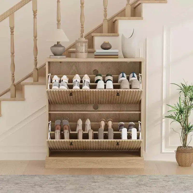 Meuble à chaussures avec 2 tiroirs basculants, meuble à chaussures en bois cannelé dissimulé avec étagère réglable, meuble de rangement à chaussures autoportant pour entrée ou couloir