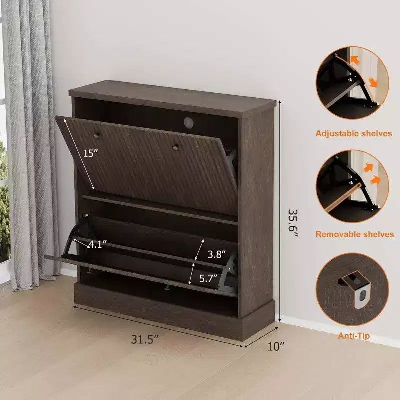 Meuble à chaussures avec 2 tiroirs basculants, meuble à chaussures en bois cannelé dissimulé avec étagère réglable, meuble de rangement à chaussures autoportant pour entrée ou couloir
