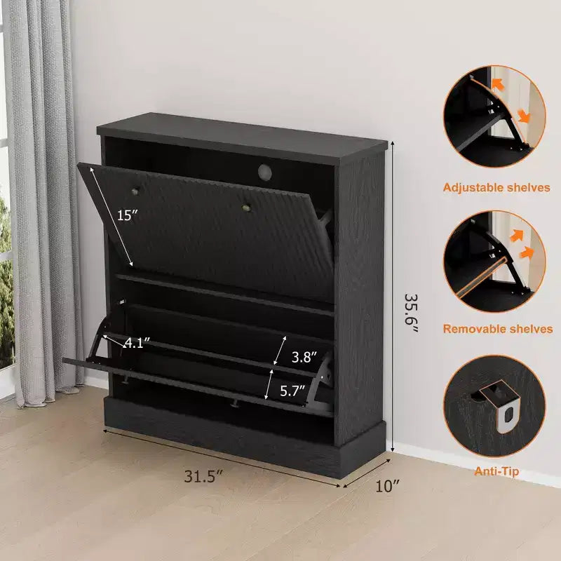 Meuble à chaussures avec 2 tiroirs basculants, meuble à chaussures en bois cannelé dissimulé avec étagère réglable, meuble de rangement à chaussures autoportant pour entrée ou couloir
