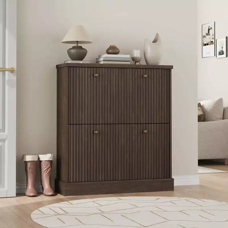 Meuble à chaussures avec 2 tiroirs basculants, meuble à chaussures en bois cannelé dissimulé avec étagère réglable, meuble de rangement à chaussures autoportant pour entrée ou couloir