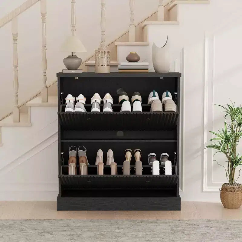 Meuble à chaussures avec 2 tiroirs basculants, meuble à chaussures en bois cannelé dissimulé avec étagère réglable, meuble de rangement à chaussures autoportant pour entrée ou couloir
