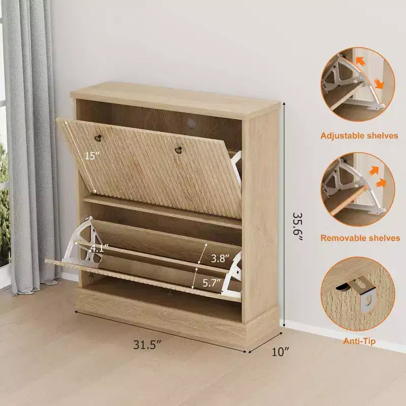 Meuble à chaussures avec 2 tiroirs basculants, meuble à chaussures en bois cannelé dissimulé avec étagère réglable, meuble de rangement à chaussures autoportant pour entrée ou couloir