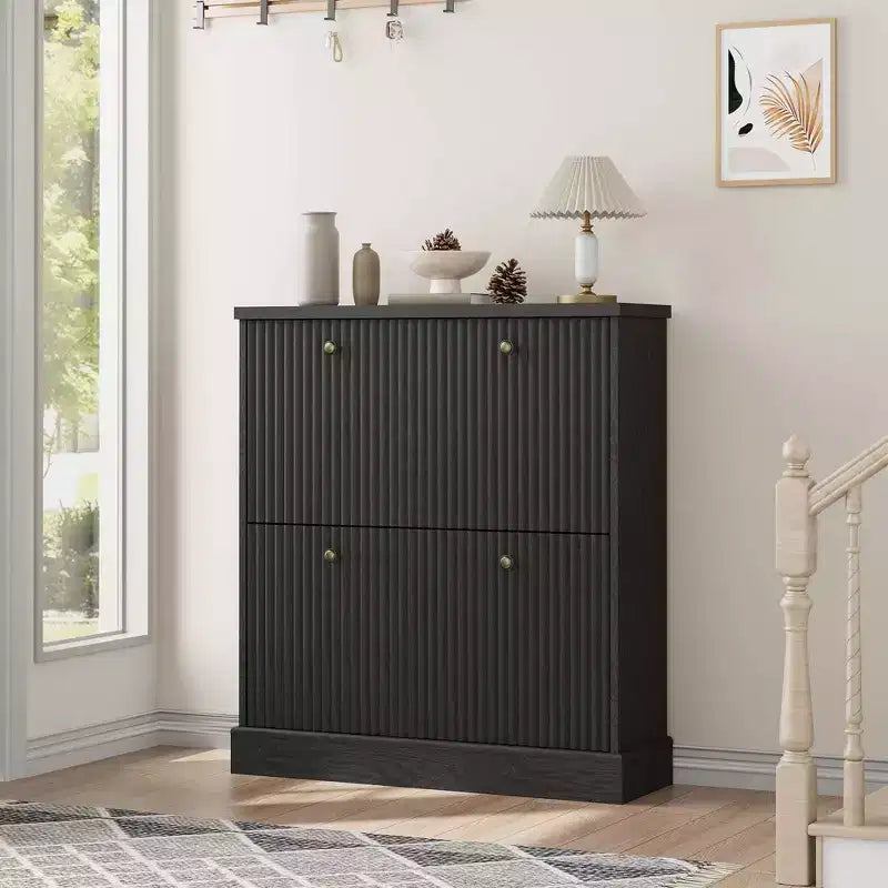 Shoe Cabinet with 2 Flip Drawers, Hidden Wooden Fluted Shoe Cabinet with Adjustable Shelf, Freestanding Shoe Storage Cabinet for Entryway Hallway