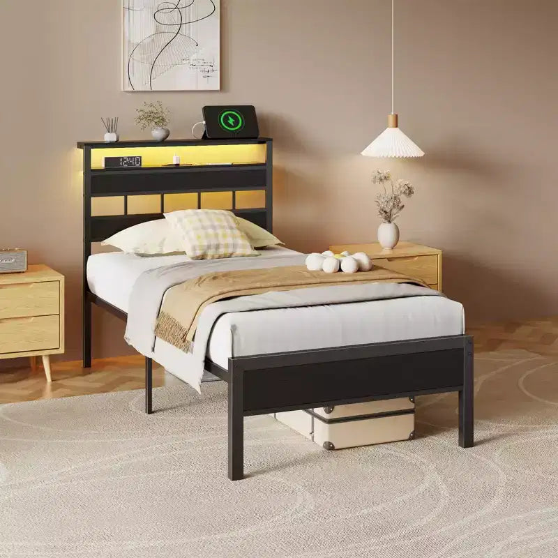 Twin Bed Frame with Charging Station LED Lights Storage Headboard Black Oak Wood Platform Bed Metal Slats Support No Box Spring Needed
