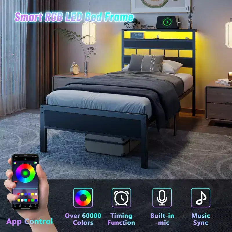 Cadre de lit double avec station de charge Lumières LED Tête de lit de rangement en chêne noir Base de lit à plateforme en bois Support à lattes métalliques Pas besoin de sommier tapissier