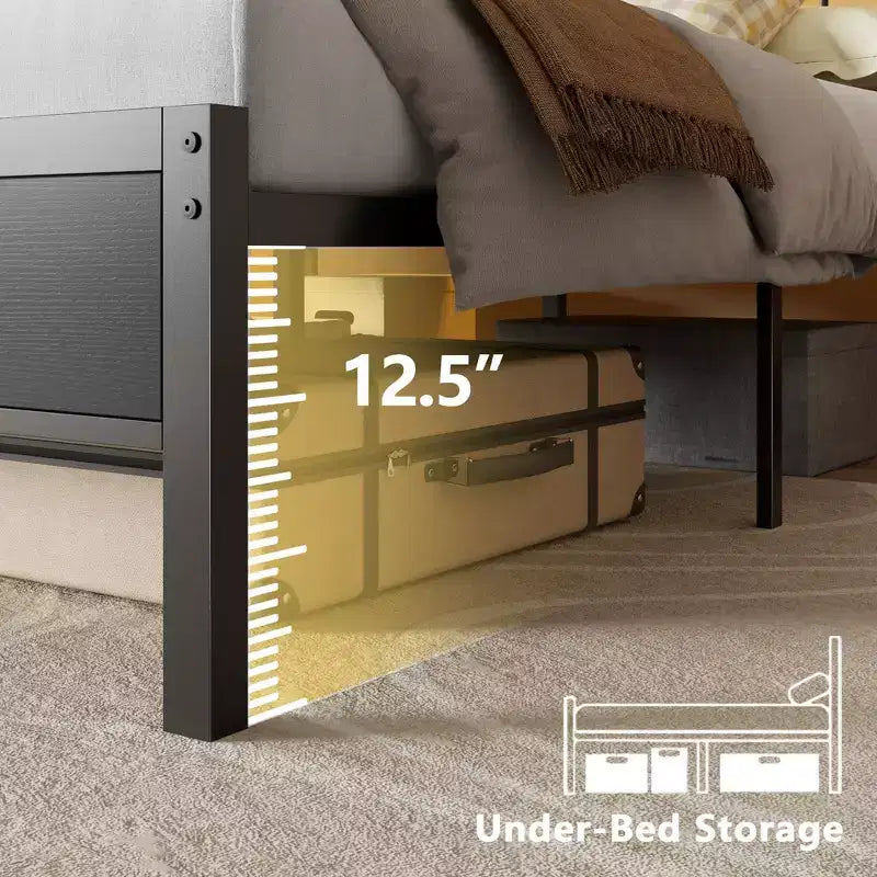 Cadre de lit double avec station de charge Lumières LED Tête de lit de rangement en chêne noir Base de lit à plateforme en bois Support à lattes métalliques Pas besoin de sommier tapissier