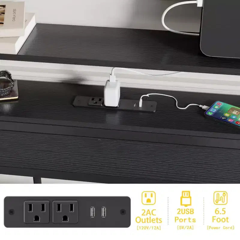 Cadre de lit double avec station de charge Lumières LED Tête de lit de rangement en chêne noir Base de lit à plateforme en bois Support à lattes métalliques Pas besoin de sommier tapissier