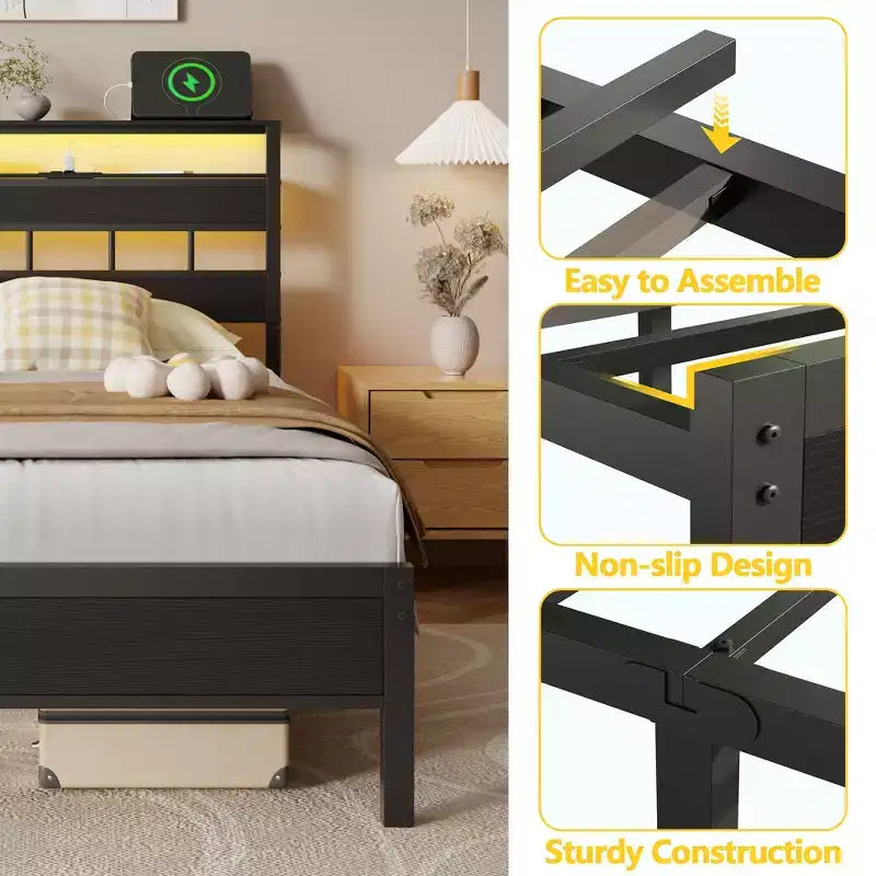Cadre de lit double avec station de charge Lumières LED Tête de lit de rangement en chêne noir Base de lit à plateforme en bois Support à lattes métalliques Pas besoin de sommier tapissier