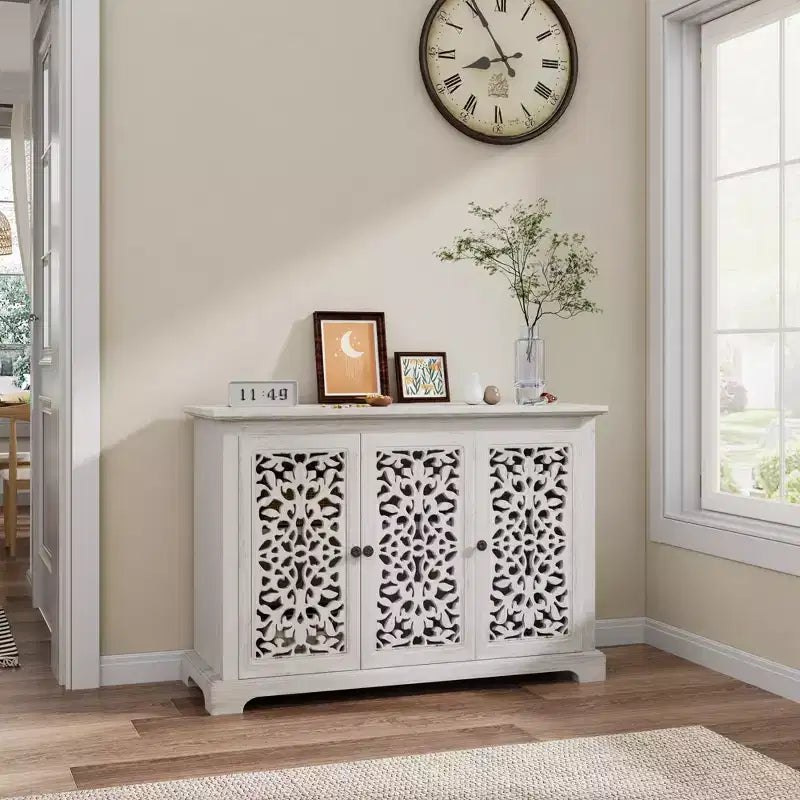 Sideboard Buffet Cabinet with 3 Hollow Carved Doors, Wooden Storage Console Table for Entryway Living Room Dining Room Kitchen