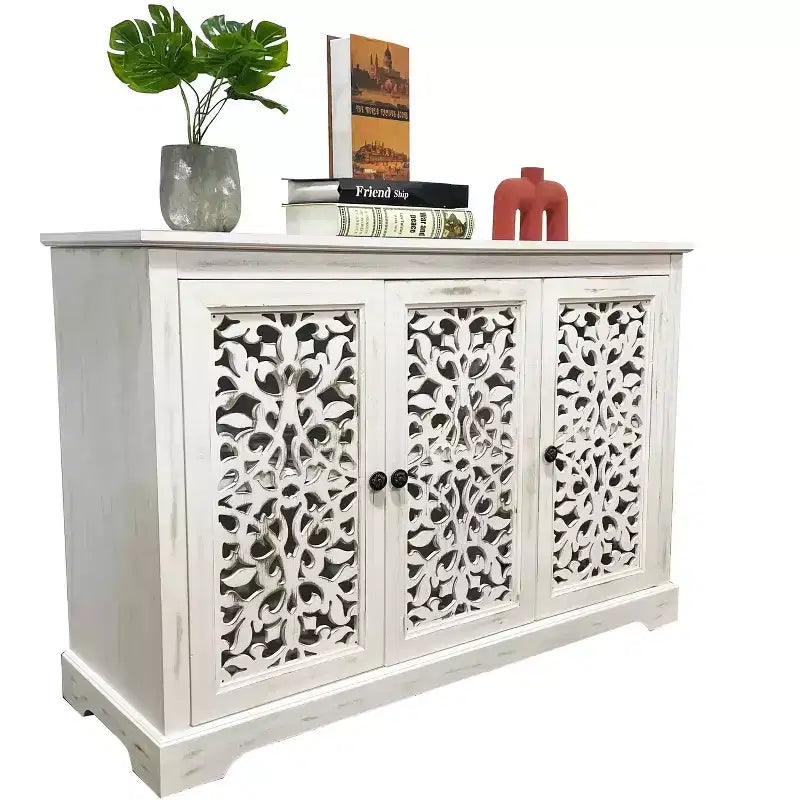 Buffet de salle à manger avec 3 portes sculptées creuses, Console de rangement en bois pour entrée, salon, salle à manger, cuisine