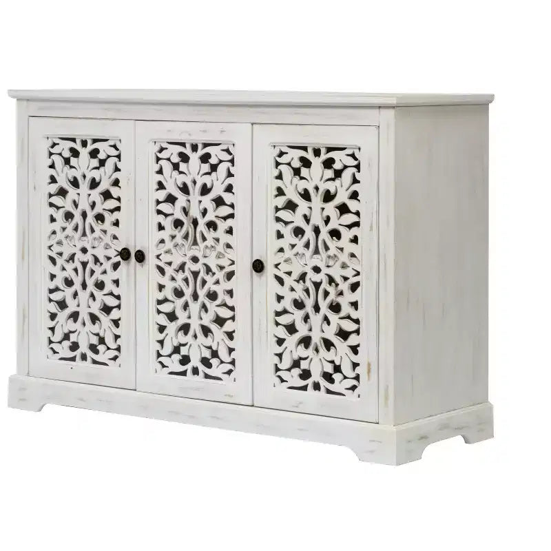 Buffet de salle à manger avec 3 portes sculptées creuses, Console de rangement en bois pour entrée, salon, salle à manger, cuisine
