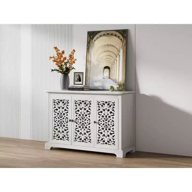 Buffet de salle à manger avec 3 portes sculptées creuses, Console de rangement en bois pour entrée, salon, salle à manger, cuisine