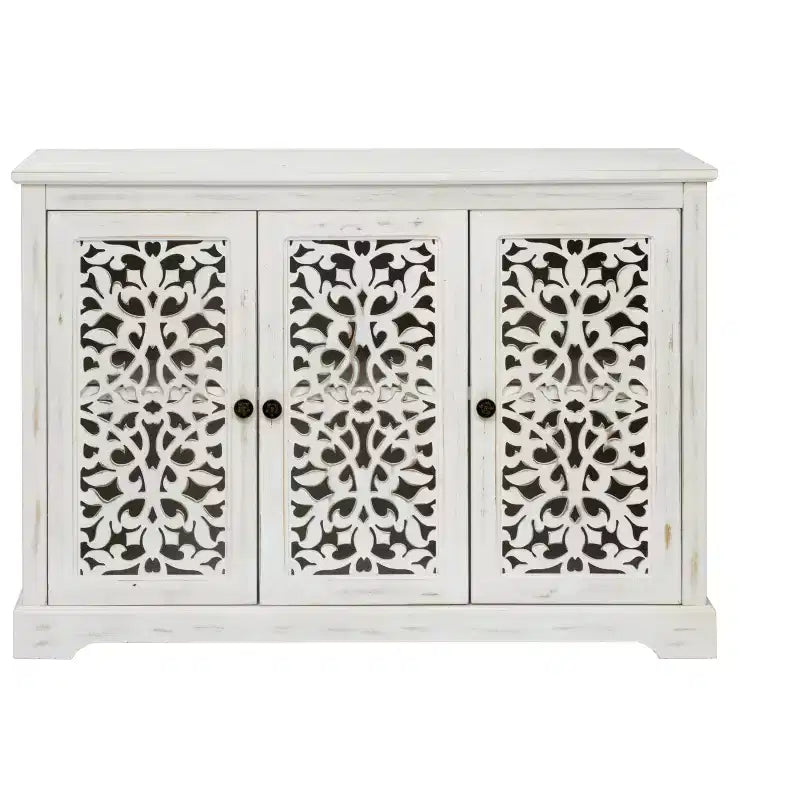 Buffet de salle à manger avec 3 portes sculptées creuses, Console de rangement en bois pour entrée, salon, salle à manger, cuisine
