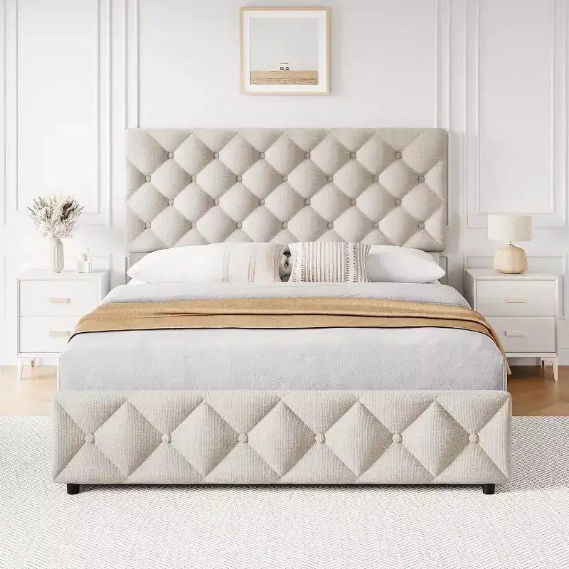 GustoWave Upholstered Platform Bed Frame with 4 Storage Drawers &amp; Adjustable Headboard - Full, Queen or King Size