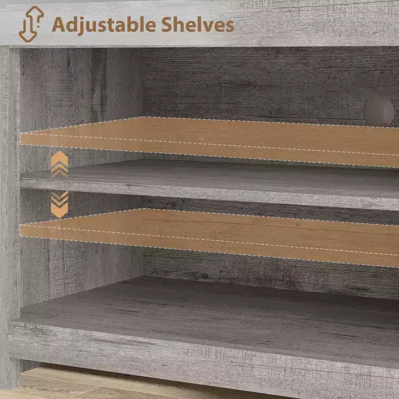 Meuble TV de ferme pour téléviseurs jusqu'à 80 pouces, meuble de divertissement allongé avec quatre tiroirs et trois étagères ouvertes pour salons et chambres à coucher