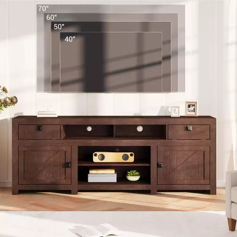 Meuble TV de ferme pour téléviseurs jusqu'à 80 pouces, meuble de divertissement allongé avec quatre tiroirs et trois étagères ouvertes pour salons et chambres à coucher