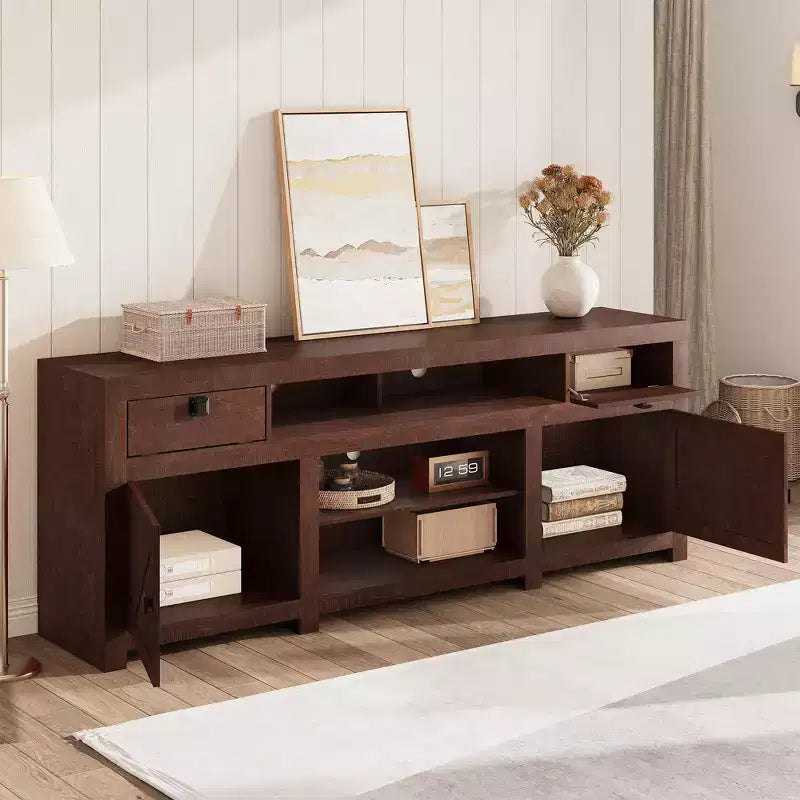 Meuble TV de ferme pour téléviseurs jusqu'à 80 pouces, meuble de divertissement allongé avec quatre tiroirs et trois étagères ouvertes pour salons et chambres à coucher