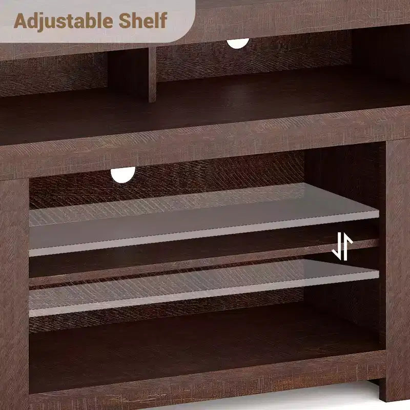Meuble TV de ferme pour téléviseurs jusqu'à 80 pouces, meuble de divertissement allongé avec quatre tiroirs et trois étagères ouvertes pour salons et chambres à coucher