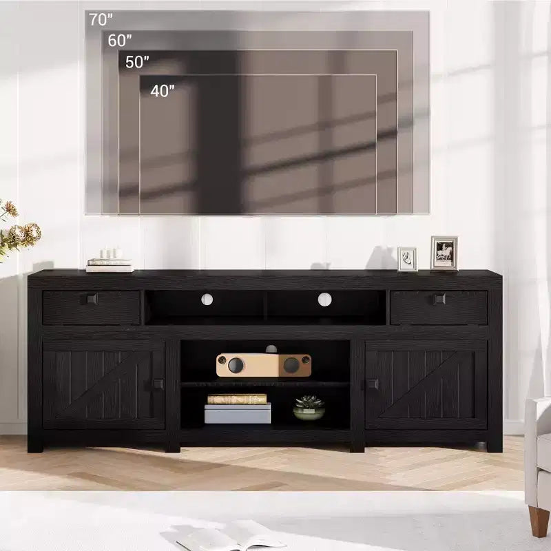 Meuble TV de ferme pour téléviseurs jusqu'à 80 pouces, meuble de divertissement allongé avec quatre tiroirs et trois étagères ouvertes pour salons et chambres à coucher