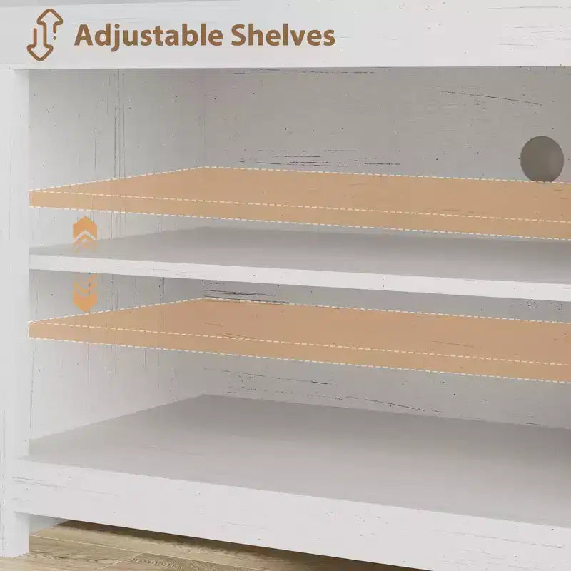 Meuble TV de ferme pour téléviseurs jusqu'à 80 pouces, meuble de divertissement allongé avec quatre tiroirs et trois étagères ouvertes pour salons et chambres à coucher