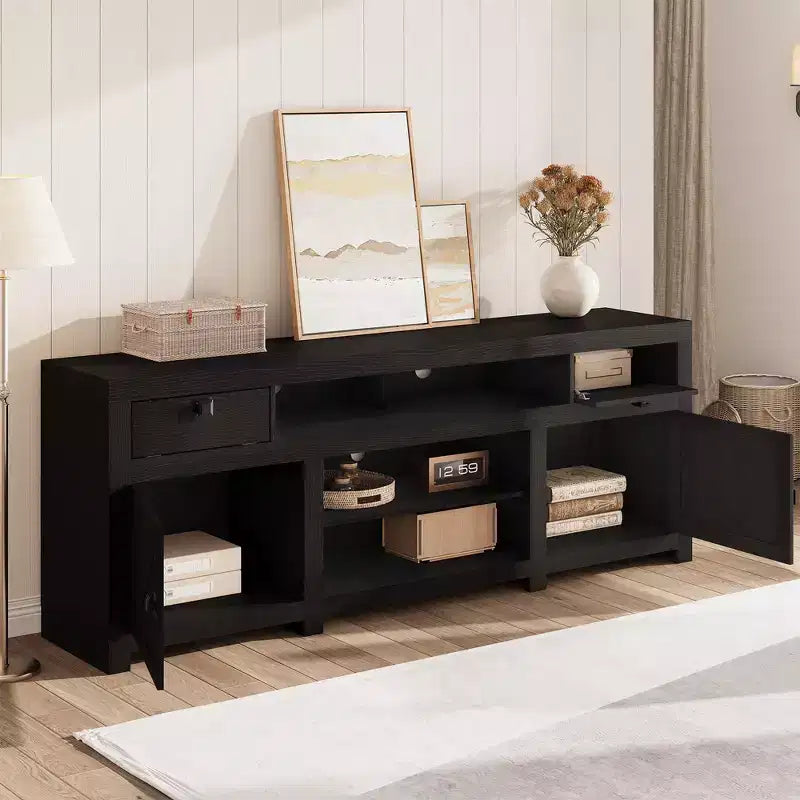 Meuble TV de ferme pour téléviseurs jusqu'à 80 pouces, meuble de divertissement allongé avec quatre tiroirs et trois étagères ouvertes pour salons et chambres à coucher